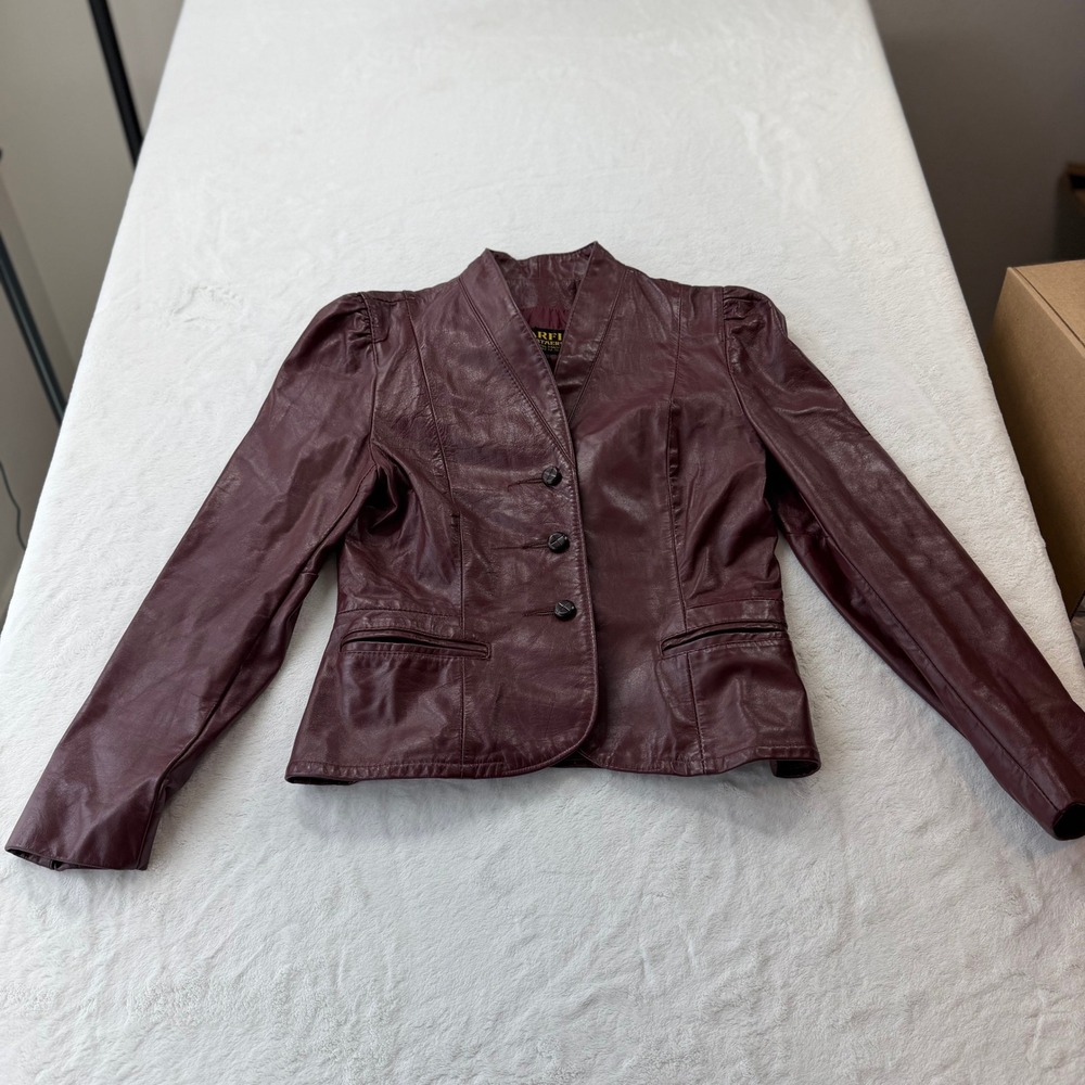 Garfin Leather Blazer Women 5/6 Burgundy Good Vintage Puff Sleeve Leather Jacket